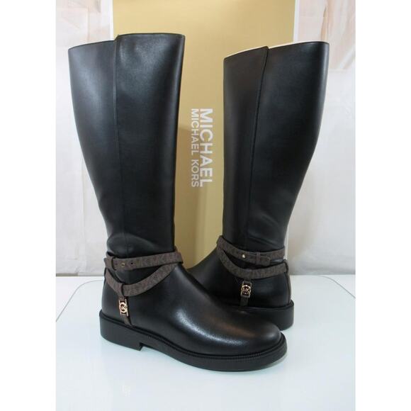 Michael Kors Mandy Knee High Riding Boot Slide Zipper MK Logo Black Size 9 - Picture 2 of 9